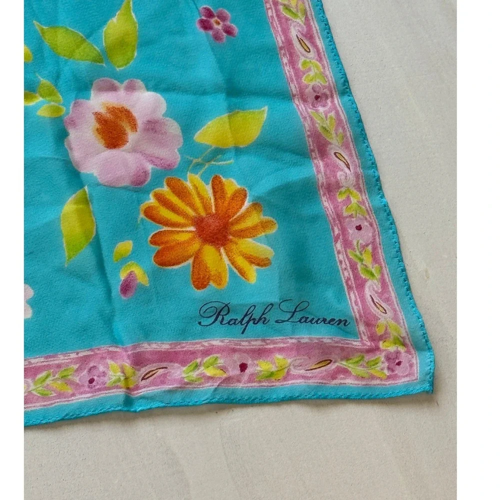 Ralph Lauren Collection Black Label Silk Floral Square Scarf Turquoise Blue 20in